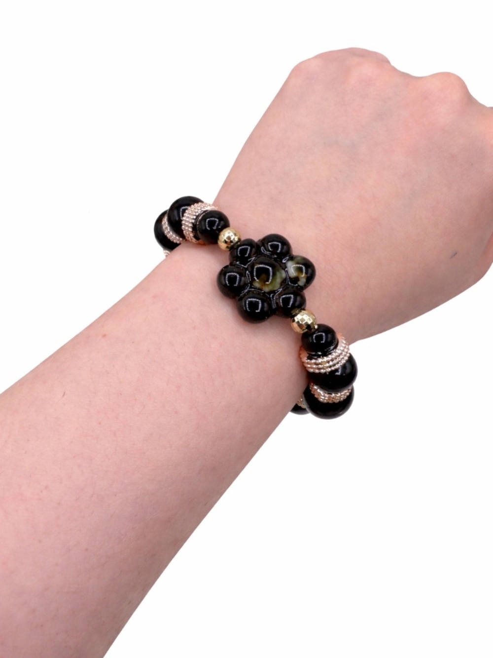 Black Beaded Stretch Bracelet with Floral Center & Silver Accent Rings - Picture 2 of 6